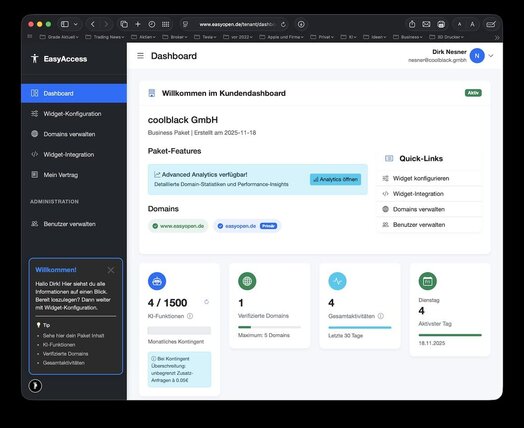 EasyAccess Dashboard mit Statistiken und KI-Kontingent