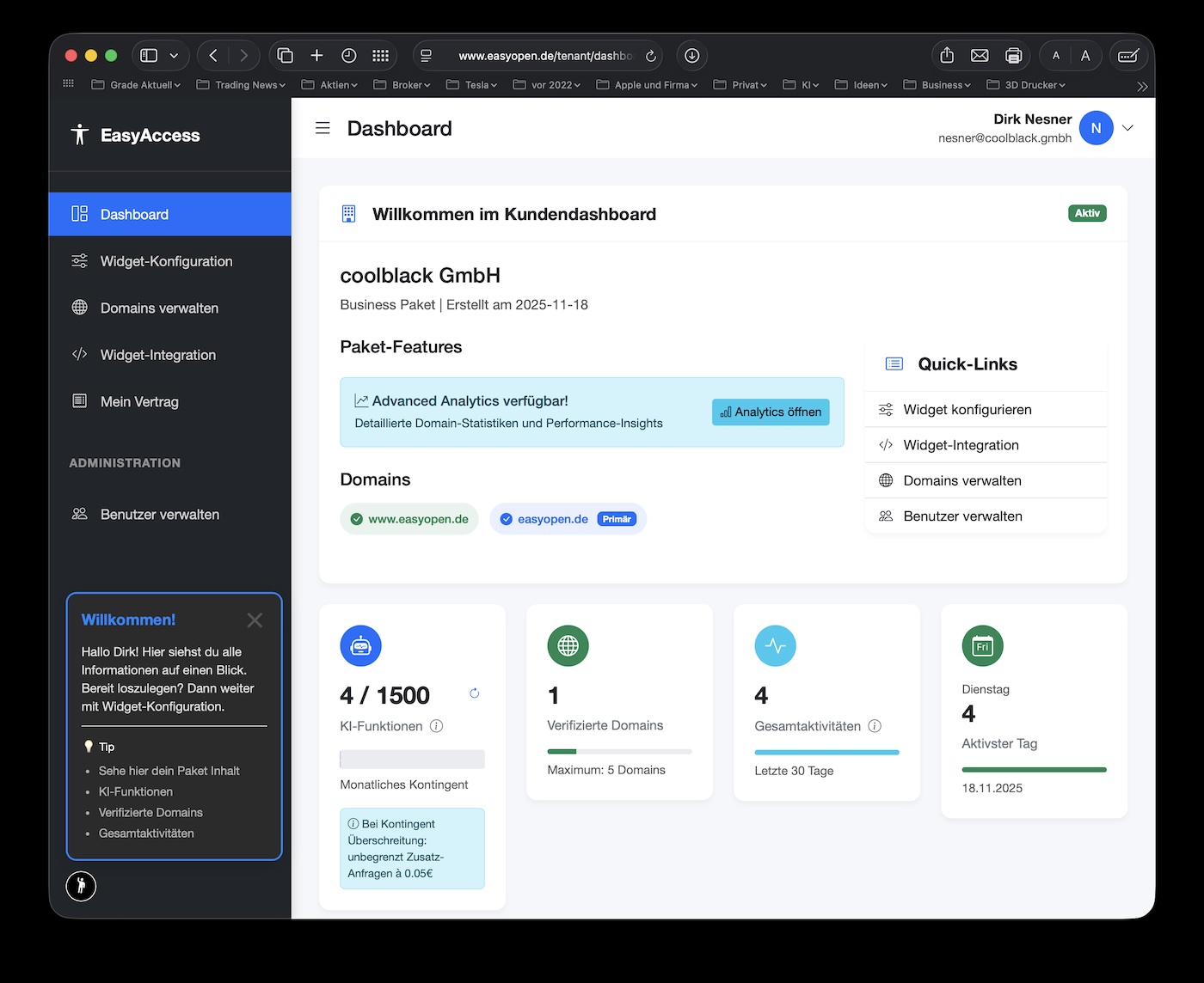 EasyAccess Dashboard mit Statistiken und KI-Kontingent