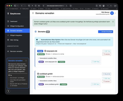 Domain-Verwaltung mit Verifizierung und Alias-System