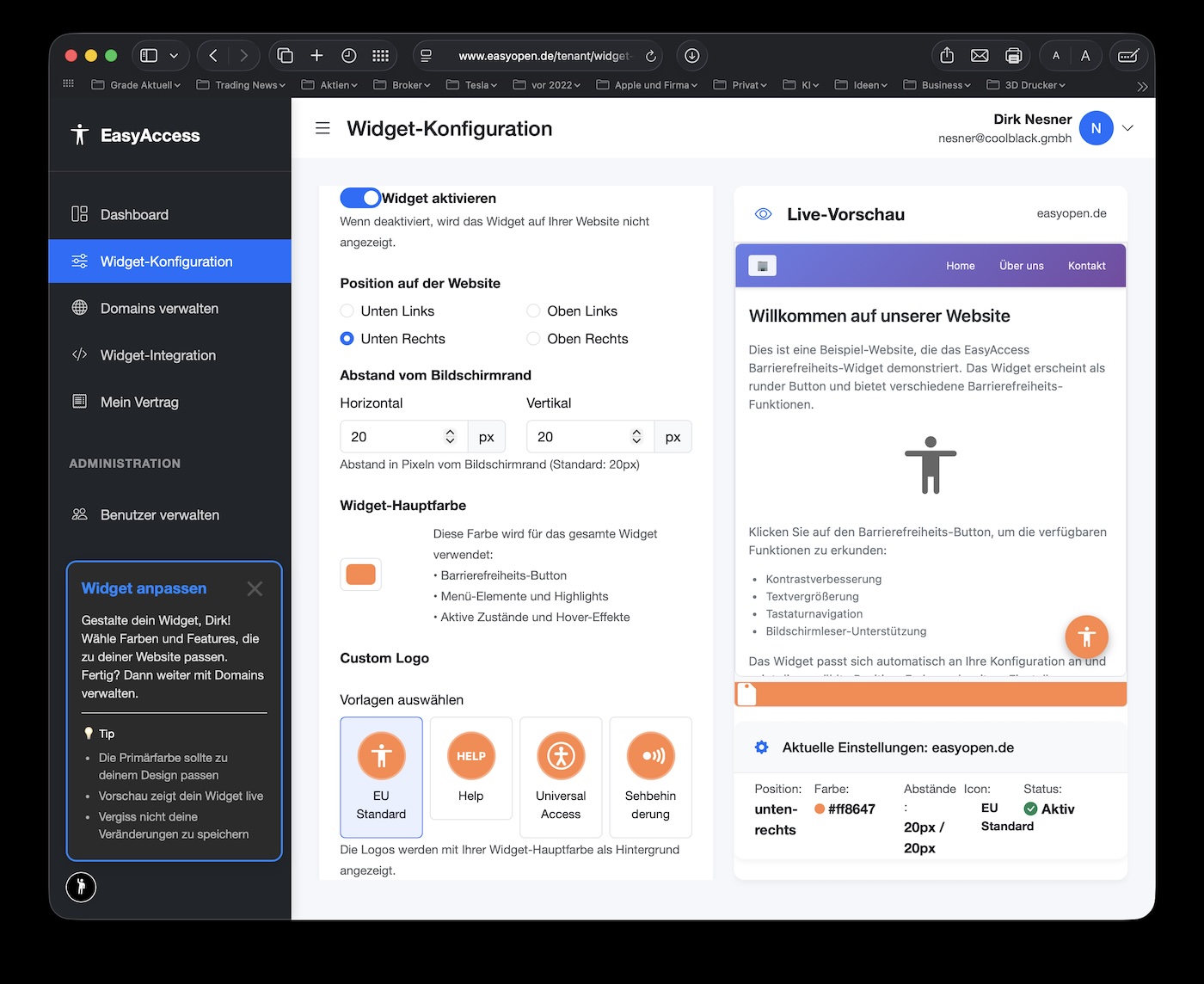 Widget-Konfiguration mit Live-Vorschau und Farbanpassung